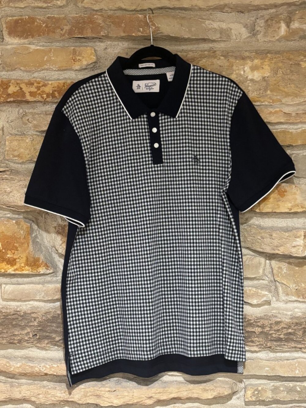 "Penguin" Brand Navy & White Checked Polo - Size Large Slim Fit